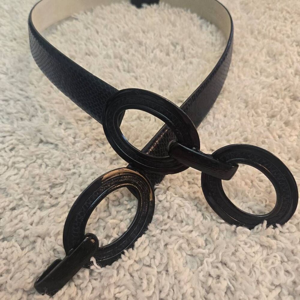 Chico's Faux Navy Snakeskin Belt Slide Adjust Leather Backing S/M